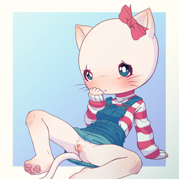 anthro blush bodily_fluids bottomless bow_ribbon butt clothed clothing female genitals no_underwear nude overall_dress short sitting solo spread_legs spreading tail tears upskirt vulva whiskers white_body young young_anthro lewlem hello_kitty_(series) sanrio hello_kitty_(character) domestic_cat felid feline felis mammal 1:1 2026