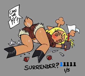 acorn anthro antlers ass_up black_clothing black_gloves black_handwear blonde_hair blush blush_lines bottomwear brown_bottomwear brown_clothing brown_hotpants brown_shorts brown_topwear bullet butt clothed clothed_anthro clothed_female clothing cosplay crossover_cosplay dialogue eyebrows female female_anthro flag flag_(object) food fruit fully_clothed fully_clothed_anthro fully_clothed_female fur gameplay_mechanics gloves grey_background hair handwear holding_flag holding_object horn hotpants lying nut_(fruit) on_front plant raised_inner_eyebrows ranged_weapon shorts shuriken simple_background solo speech_bubble spiral spiral_eyes tail tan_body tan_fur text topwear weapon white_flag 1her0 deltarune marvel undertale_(series) noelle_holiday squirrel_girl_(marvel) deer mammal 2026 crossover digital_media_(artwork) english_text