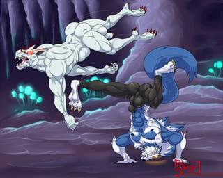 4_toes 5_fingers abs anthro backsack balls biceps big_bulge blue_body blue_skin bottomwear bulge butt claws clenched_teeth clothed clothing duo feet fight fingers genitals glowing glowing_eyes handstand kick male multicolored_body multicolored_skin muscular muscular_male muscular_thighs nipples nude pants pecs red_eyes sharp_teeth teeth tight_clothing toe_claws toes topless two_tone_body two_tone_skin upside_down white_body white_skin yellow_eyes hungothenomster capcom darkstalkers mythology jon_talbain canid canine canis hybrid mammal murid murine mythological_canine mythological_creature rat rodent vampire werecanid werecanine werecreature werewolf wolf 2019