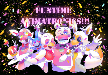 anthro bow_(feature) bow_tie clothing female group hat headgear headwear machine puppet simple_background pegisuke five_nights_at_freddy's five_nights_at_freddy's_world freddy_fazbear's_pizzeria_simulator scottgames sister_location funtime_chica_(fnaf) funtime_cupcake_(fnaf) funtime_foxy_(fnaf) funtime_freddy_(fnafsl) lolbit_(fnaf) puppet_bonnie_(fnafsl) animatronic avian bear canid canine fox lagomorph leporid mammal rabbit robot 2017 digital_media_(artwork) hi_res