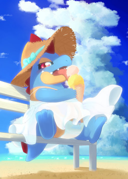 beach blue_body blue_scales clothed clothing dessert detailed_background dress female feral food hat headgear headwear ice_cream looking_at_viewer panties red_eyes scales solo sun_hat sundress translucent translucent_clothing underwear upskirt vcrow_shuu nintendo pokemon croconaw generation_2_pokemon pokemon_(species) absurd_res hi_res