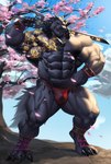 4_toes 5_fingers anthro armor barazoku big_biceps big_muscles black_claws black_hair brown_eyes bulge cherry_blossom cherry_blossom_tree cherry_tree claws digitigrade feet fingers flower fruit_tree greaves hair hand_on_hip huge_muscles humanoid_hands jewelry looking_at_viewer male melee_weapon muscular muscular_anthro muscular_male necklace plant pose prunus_(flower) smile solo standing sword tail tattoo thick_thighs toes tree weapon wristband echin zephere canid canine canis mammal wolf 2022 hi_res