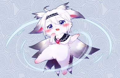 abstract_background ambiguous_gender chibi fur hair kemono open_mouth open_smile purple_eyes semi-anthro smile solo white_body white_fur white_hair deaic unknown_species 2022