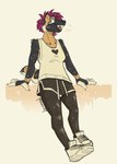 anthro boots bottomwear clothing ears_up female footwear hair leaning leaning_backward open_mouth purple_hair shoes shorts solo tail teeth teeth_showing tongue mawkvlt hi_res
