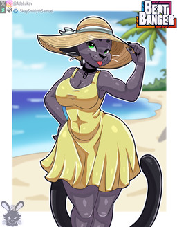 anthro beach beach_background biped clothed clothing curvy_figure female female_anthro front_view green_eyes grey_body hourglass_figure huge_hips hyper hyper_hips small_waist solo thick_thighs wide_hips skay_smidyth_samuel beat_banger bunfan_games cathy_smith domestic_cat felid feline felis mammal absurd_res digital_drawing_(artwork) digital_media_(artwork) hi_res