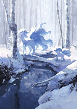 ambiguous_gender blue_body blue_eyes blue_fur duo feral forest_background fur grass multi_tail plant size_difference snow tail water white_body white_fur cchan_tuka nintendo pokemon alolan_form alolan_ninetales alolan_vulpix canid canine generation_7_pokemon mammal pokemon_(species) regional_form_(pokemon) 2026 hi_res