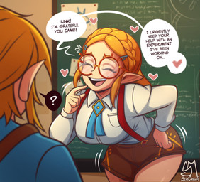 5_fingers big_breasts biped blonde_hair blush breasts clothed clothing dialogue duo eyes_closed eyewear female fingers glasses hair heart_symbol humanoid_pointy_ears male not_furry pointy_ears speech_bubble text semidraws nintendo the_legend_of_zelda link princess_zelda humanoid hylian absurd_res english_text hi_res