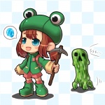 blue_eyes blush blush_stickers boots bottomwear brown_hair checkered checkered_background chibi clothing dripping duo female footwear frog_hat green_boots green_clothing green_footwear green_jacket green_topwear hair holding_pickaxe jacket light_body light_skin not_furry open_mouth pattern_background pickaxe pink_blush pink_bottomwear pink_clothing pink_shorts ponytail shoes shorts simple_background sound_effects speech_bubble text thin_calves thin_legs thin_thighs topwear vowelless vowelless_sound_effect young crab_man_(artist) microsoft minecraft mojang xbox_game_studios rana_(minecraft) creeper_(minecraft) goo_creature humanoid 1:1 2011 digital_drawing_(artwork) digital_media_(artwork) low_res pictographics shaded