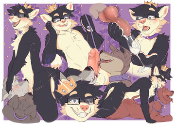 animal_genitalia animal_penis anthro black_body black_fur bodily_fluids brown_body brown_fur canine_genitalia canine_penis chest_tuft collar crown cum cum_in_a_cup cum_in_container cumshot ejaculation erection eyewear fellatio floppy_ears from_behind_position fur genital_fluids genitals glasses grin group headgear humanoid_genitalia humanoid_penis interspecies irrumatio knot leash leash_pull licking licking_lips looking_at_viewer male male/male multiple_positions one_eye_closed open_mouth oral penile penis penis_in_mouth penis_lick prone_bone_position rectangular_glasses sex smile speed_bump_position tail teeth tongue tongue_out tuft whiskers white_body white_fur wink winking_at_viewer pricklepants canid canine canis domestic_cat domestic_dog felid feline felis mammal hi_res