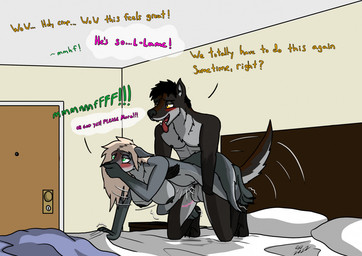 abdominal_bulge after_transformation anthro bedroom big_breasts black_nipples blonde_hair bodily_fluids bouncing_breasts breasts covering covering_mouth cross-eyed dialogue duo female female_penetrated from_behind_position fur gender_transformation genital_fluids green_eyes grey_body grey_fur hair hanging_breasts knotting looking_pleasured male male/female male_penetrating male_penetrating_female messy_room mtf_transformation nipples obscured_penetration paws penetration penile penile_penetration sex sound_effects tail tail_motion tailwag text tongue tongue_out transformation vaginal vaginal_fluids vaginal_knotting vaginal_penetration yellow_eyes goldengryphon canid canine canis mammal wolf english_text