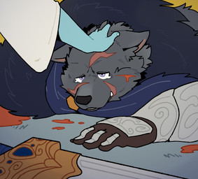 anthro biped black_nose blood bodily_fluids duo female fur grey_body grey_fur humanoid_hands kemono lying male melee_weapon scar solo_focus sword tears weapon quanjiang elden_ring fromsoftware blaidd_(elden_ring) canid canine canis mammal wolf 2022 hi_res