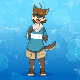 anthro blue_background blue_eyes blush brown_body brown_fur brown_hair clothing fangs footwear fur hair male open_mouth sandals shoes simple_background smile solo sparkles teeth theboredboar morenatsu shun_(morenatsu) canid canine canis mammal wolf 1:1 2024 hi_res