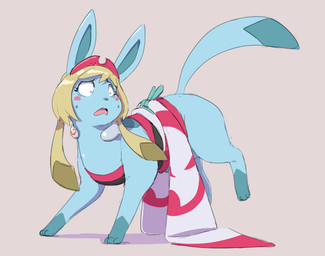 ambiguous_gender blonde_hair blue_body blush feral grey_background hair implied_transformation open_mouth quadruped simple_background solo surprised tail subakitsu nintendo pokemon irida_(pokemon) eeveelution generation_4_pokemon glaceon pokemon_(species) 2022 digital_media_(artwork) female_(lore)