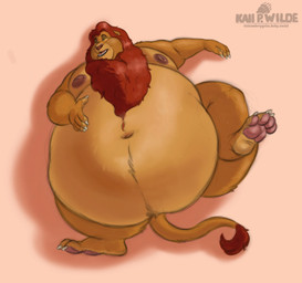anthro areola belly big_belly bloated claws fangs fur half-closed_eyes hand_on_belly high-angle_view huge_belly lying male mane morbidly_obese morbidly_obese_anthro morbidly_obese_male narrowed_eyes navel nipples nude obese obese_anthro obese_male on_back open_mouth overweight overweight_anthro overweight_male paws solo tail tail_tuft teeth tuft whiskers husky2paws disney the_lion_king mufasa felid lion mammal pantherine 2026 absurd_res hi_res signature