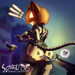 anthro anus assault_rifle big_breasts big_butt breasts butt detailed_background devious_grin exclamation_point female food for_a_head fruit genitals gun handgun male male/female markings pistol plant pumpkin pumpkin_head ranged_weapon rifle skeleton_bodypaint surprised surprised_face tail thick_thighs vulva weapon weapon_play wide_hips soyeleyevrows epic_games fortnite kit_(fortnite) spice_(fortnite) calico_cat domestic_cat felid feline felis mammal object_head hi_res watermark