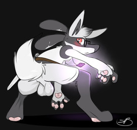alternate_color anthro backsack balls biped black_background blush eyewear feet fur genitals glasses hair hindpaw jewelry looking_at_viewer looking_back male melee_weapon necklace nude pawpads paws pose red_eyes simple_background solo sword tail toes weapon backsash nintendo pokemon fan_character gage_the_lucario canid canine generation_4_pokemon lucario mammal pokemon_(species) 2015 absurd_res digital_media_(artwork) hi_res signature