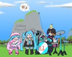 drum electronic_musical_instrument electronics female group keyboard_instrument male microphone mountain musical_instrument not_furry offscreen_character outside percussion_instrument plant singing synthesizer tree trio alliartist epic_games fortnite vocaloid hatsune_miku kasane_teto meow_skulls polar_patroller wendell_(fortnite) felid feline humanoid mammal hi_res