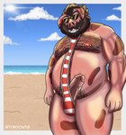 anthro balls_outline beach blush bodily_fluids bulge butt clothed clothing detailed_bulge erection eyewear fur genital_outline genitals hair humanoid_genitalia humanoid_penis male muscular muscular_male nipples nude outside overweight overweight_male penis sand seaside sky smile solo sunglasses swimwear tail water tonydapig domestic_pig mammal suid suina sus_(pig) wild_boar absurd_res digital_media_(artwork) hi_res