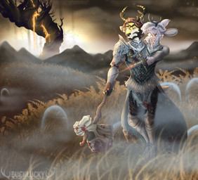 3_heads anthro antlers armor black_antlers blood bodily_fluids brown_hair clothed clothing fangs fur grass green_hair grey_body grey_fur hair hammer holding_hammer holding_melee_weapon holding_object holding_sword holding_tool holding_weapon horn insane male melee_weapon mouth_closed multi_head narrowed_eyes open_mouth orange_eyes outside plant saliva saliva_string solo sword teeth text tools tree weapon white_body white_fur yellow_body yellow_fur bucklucky shiloh_(bucklucky) deer mammal artist_name hi_res