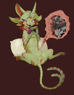 anthro detailed_internal detailed_pussy duo female feral forked_tail front_view fur gem genitals green_body green_fur green_tail macro male male/female markings nipples purple_sclera red_markings striped_markings striped_tail stripes tail tail_markings unbirthing unusual_anatomy unusual_tail vaginal vore vulva white_eyes anonymous_artist nintendo pokemon vee_(beagle) eeveelution espeon generation_2_pokemon generation_9_pokemon mammal meowscarada pokemon_(species) absurd_res hi_res