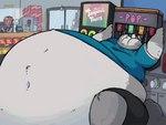 anthro belly belly_expansion belly_inflation beverage big_belly big_cheeks black_bottomwear black_clothing black_shorts bloated blonde_hair blue_clothing blue_shirt blue_t-shirt blue_topwear bottomwear brown_body brown_fur chugging clothing drinking duo expansion exposed_belly fur gas_station grey_body grey_fur grey_tail hair hat headgear headwear huge_belly huge_cheeks hyper hyper_belly inflation inside looking_at_another male midriff navel obese obese_anthro obese_male overweight overweight_anthro overweight_male shirt shorts sitting soda soda_fountain soda_inflation solo_focus swallowing t-shirt tail text topwear weight_gain plushclover canid canine canis mammal wolf 2020 4:3 animated english_text loop short_playtime