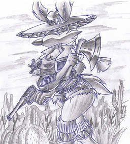 anthro axe belt big_breasts boots bottomwear breasts bullet bullet_belt cactus clothing crop_top female footwear fur gloves gun handgun handwear hat headgear headwear jacket pistol plant ranged_weapon sheriff_badge shirt shoes shorts solo topwear weapon virus-20 june_coyote canid canine canis coyote mammal 2007 monochrome traditional_media_(artwork)