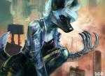 2016 african_wild_dog anthro biped building canid canine city claws clothed clothing dated female gasmask_(artist) hair kace_(ruse63) kneeling mammal outside prosthetic prosthetic_arm prosthetic_limb solo white_hair