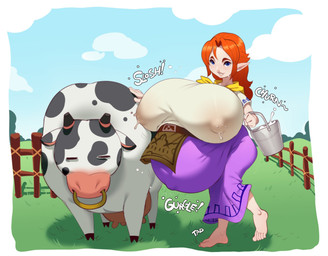 belly big_belly big_breasts blue_eyes blue_sky bodily_fluids breasts duo female feral hair lactating milk orange_hair outside pregnant pregnant_female rumbling_stomach sky sloshing_breasts hellbrain nintendo ocarina_of_time the_legend_of_zelda malon bovid bovine cattle hylian mammal 2023 hi_res