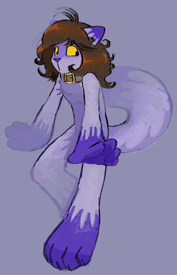 anthro black_eyes brown_hair collar fur grey_background hair male purple_body purple_fur simple_background solo standing yellow_sclera engelstrompete domestic_cat felid feline felis mammal hi_res