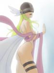 armor blonde_hair butt clothed clothing female hair headgear helmet humanoid_hands long_hair not_furry open_mouth side_view simple_background solo tan_body tan_skin white_background villagesman bandai_namco digimon angewomon digimon_(species) humanoid 3:4