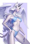 anthro bikini blue_bikini blue_clothing blue_eyes blue_swimwear breasts clothing eyebrow_through_hair eyebrows eyelashes feathered_wings feathers female fur grey_hair hair hand_on_hip horn long_hair looking_at_viewer navel side-tie_bikini smile smiling_at_viewer solo string_bikini swimwear tail tail_tuft translucent translucent_hair tuft two-piece_swimsuit white_body white_fur wings holivi mythology valinye equid equine mammal mythological_creature mythological_equine winged_unicorn 2022 absurd_res hi_res