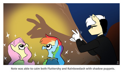amazed anthro blue_body clothing ear_piercing female group hair multicolored_hair piercing pink_hair rainbow_hair shadow_puppet sparkles text trio yellow_body redxbacon friendship_is_magic hasbro my_little_pony fan_character fluttershy_(mlp) note_clip_(redxbacon) rainbow_dash_(mlp) equid equine mammal english_text hi_res