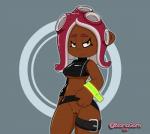 absurd_res agent_8_(splatoon) animal_humanoid belt blanagami bodily_fluids bottomwear breasts cephalopod cephalopod_humanoid clothed clothing clothing_lift dark_body dark_skin female genitals hi_res humanoid looking_at_viewer marine marine_humanoid mollusk mollusk_humanoid nintendo octarian octoling partially_clothed pseudo_hair pussy skirt skirt_lift solo splatoon standing sweat tentacle_hair tentacles under_boob