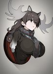 amputee antlers big_breasts bisected black_eyes breasts brown_hair clothed clothing corpse death disability female gore hair horn huge_breasts long_hair missing_arm missing_lower_body scarf shirt solo taxidermy taxidermy_mount topwear trophy_head shidagani kemono_friends moose_(kemono_friends) animal_humanoid deer deer_humanoid humanoid mammal mammal_humanoid moose_humanoid new_world_deer new_world_deer_humanoid