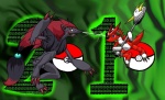 ambiguous_gender anthro battle binary_code black_body black_eyes black_fur blue_eyes claws code duo electricity electronics fight fur green_background hair microphone pokeball red_body red_hair simple_background standard_pokeball h_box bandai_namco digimon nintendo pokemon canid canine digimon_(species) generation_5_pokemon mammal pokemon_(species) shoutmon zoroark 2010 crossover green_theme