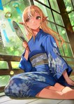 asian_clothing blonde_hair blue_clothing blue_kimono clothing east_asian_clothing female floral_pattern hair hand_fan holding_object humanoid_pointy_ears japanese_clothing kimono kimono_only looking_aside orange_eyes plant sitting slight_smile solo tree lalalalack hololive vtuber flare_shiranui elf humanoid 2022 hi_res