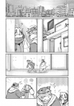 anthro bear canid canine canis city cityscape comic domestic_dog greyscale hi_res laugh male mammal monochrome open_mouth overweight tail takagi_kyou teeth tongue