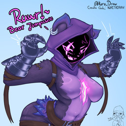 anthro armor big_breasts blue_background breasts chest_markings clothing dialogue ear_piercing ear_ring eye_scar eyelashes facial_scar female fur gauntlets gloves handwear hip_tuft looking_at_viewer markings navel obscured_face open_mouth open_smile piercing pink_eyes pink_nose purple_body purple_fur ring_piercing scar simple_background smile solo talking_to_viewer text tuft wide_hips kurotodraw epic_games fortnite raven_team_leader bear mammal 1:1 absurd_res hi_res