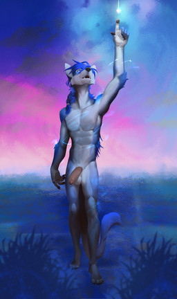 abs anthro athletic balls black_nose blue_eyes blue_hair braided_hair cheek_tuft detailed_background facial_tuft flaccid foreground_silhouette foreskin front_view genitals gesture hair hand_gesture humanoid_genitalia humanoid_penis looking_up magic male male_anthro nude open_mouth outside pecs penis plantigrade pointing pointing_up solo standing tuft unretracted_foreskin korichi canid canine canis mammal wolf cool_colors full-length_portrait hi_res portrait