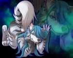 5:4 anthro blue_hair bottomwear canid canine canis clothing domi_chan domino_(artist) ear_piercing felid female gloves hair handwear hybrid looking_at_viewer mammal pantherine pants piercing solo stripes tiger wolf zoom_layer