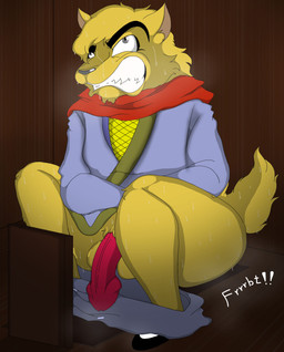 anthro balls bodily_fluids bottomwear bottomwear_down clothed clothing dark desperation fart feces genitals half-erect male pants pants_down partially_clothed penis pooping scarf scatplay solo sweat toilet toilet_use blpanda canid canine canis domestic_dog mammal absurd_res digital_media_(artwork) hi_res