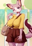 5_fingers anthro bag big_breasts blush bottomwear breasts clothed clothing cute_fangs fangs female female_anthro fingers fur heart_symbol holding_object huge_breasts inner_ear_fluff kemono looking_at_viewer multicolored_body multicolored_ears multicolored_fur multicolored_tail nipple_outline one_eye_closed open_mouth open_smile pink_body pink_fur purple_body purple_fur shirt shorts smile solo tail teeth tongue topwear tuft white_body white_fur wink melonleaf domestic_cat felid feline felis mammal 2021 digital_media_(artwork) hi_res portrait signature three-quarter_portrait translated_description