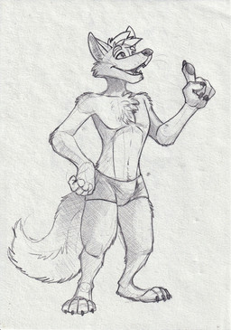 anthro arm_tuft cheek_tuft chest_tuft claws clothed clothing facial_tuft fangs finger_claws fingerpads hair hand_on_hip looking_up male male_anthro navel open_mouth pawpads short_hair shoulder_tuft simple_background slim_anthro slim_male solo standing tail teeth topless tuft hufnaar canid canine mammal absurd_res full-length_portrait graphite_(artwork) hi_res monochrome portrait sketch traditional_media_(artwork)