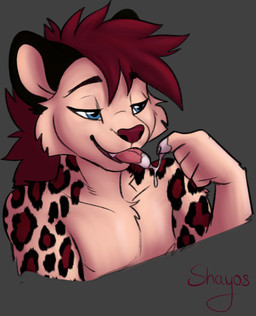 ambiguous_gender blue_eyes bodily_fluids cum fur genital_fluids hair leopard_spots licking_cum red_hair spots shayos felid leopard mammal pantherine absurd_res hi_res