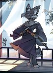 anthro asian_clothing blue_eyes breasts clothed clothing day east_asian_clothing female fur grey_body grey_fur japanese_clothing japanese_sword light melee_weapon ronin samurai solo sunlight sword warrior weapon manolon manolonart felid feline mammal hi_res