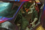 anthro boots bottomwear breasts car chain clothing d6 dice female footwear fur inside_car inside_vehicle jacket pants shirt shoes solo text text_on_clothing text_on_shirt text_on_topwear topwear undercut vehicle miles_df cd_projekt_red cyberpunk_2077 canid canine canis mammal wolf 2021