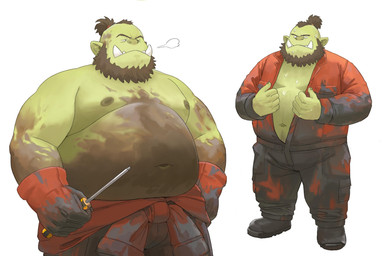 beard belly big_belly bodily_fluids bottomwear clothing eyes_closed facial_hair humanoid_hands male moobs nipples overweight overweight_male pants simple_background solo sweat white_background hoggan humanoid orc 2023 absurd_res hi_res