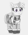 bag bangs clothing female feral footwear horn looking_down purple_eyes saddle_bag scarf shoes simple_background smile solo standing unicorn_horn pabbley friendship_is_magic hasbro my_little_pony mythology twilight_sparkle_(mlp) equid equine mammal mythological_creature mythological_equine unicorn 2022 greyscale hi_res monochrome partially_colored