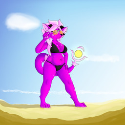 4_ears anthro beach belly bikini black_bikini black_clothing black_swimwear clothing eyewear female glasses grumpy horn low-angle_view multi_ear paws pink_body round_glasses sand slightly_chubby solo swimwear tail two-piece_swimsuit delaysjewel mythology snickerdoodle_(derpy-blitz) domestic_cat dragon felid feline felis goo_creature hybrid mammal mythological_creature mythological_scalie scalie 1:1 absurd_res hi_res