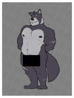 anthro belly border censor_bar facial_piercing fur male nipples nose_piercing nose_ring nude piercing red_eyes ring_piercing scar solo tail white_border mementomorioow adastra adastra_(series) echo_project potes_(adastra) canid canine canis mammal wolf 3:4 hi_res